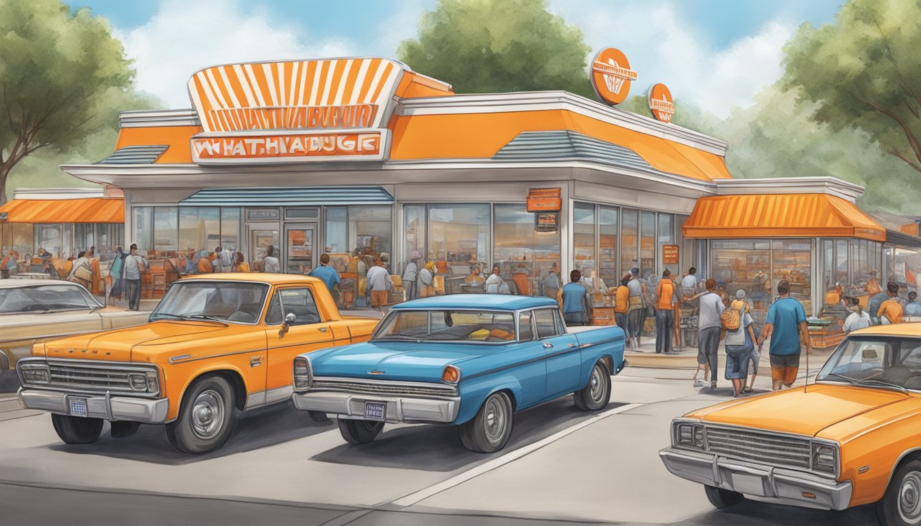 A bustling Whataburger restaurant surrounded by other fast food chains and busy traffic