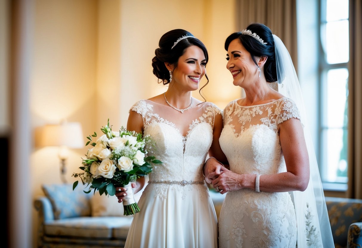 A woman in an elegant dress stands beside her daughter, offering a supportive and proud presence. She exudes grace and warmth, embodying the role of the mother of the bride