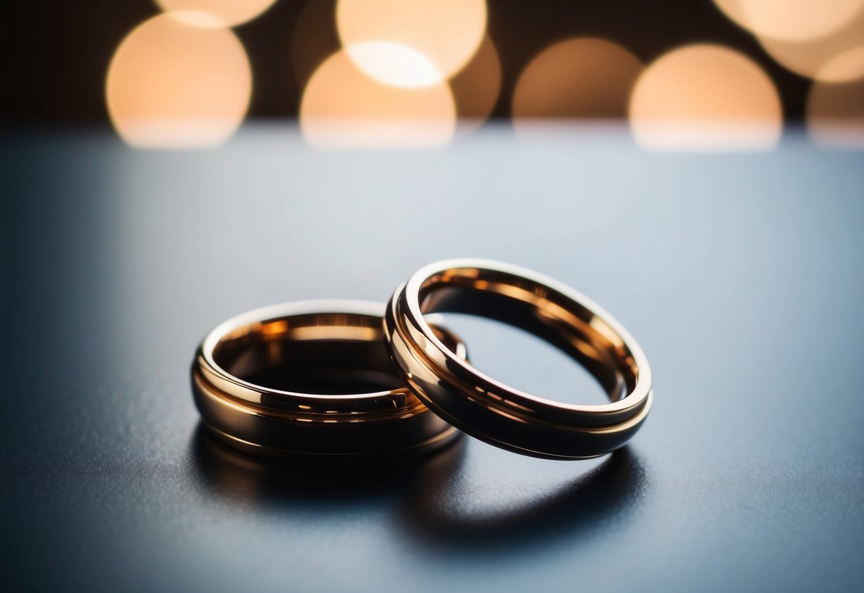 A pair of interlocking rings resting on a smooth, polished surface