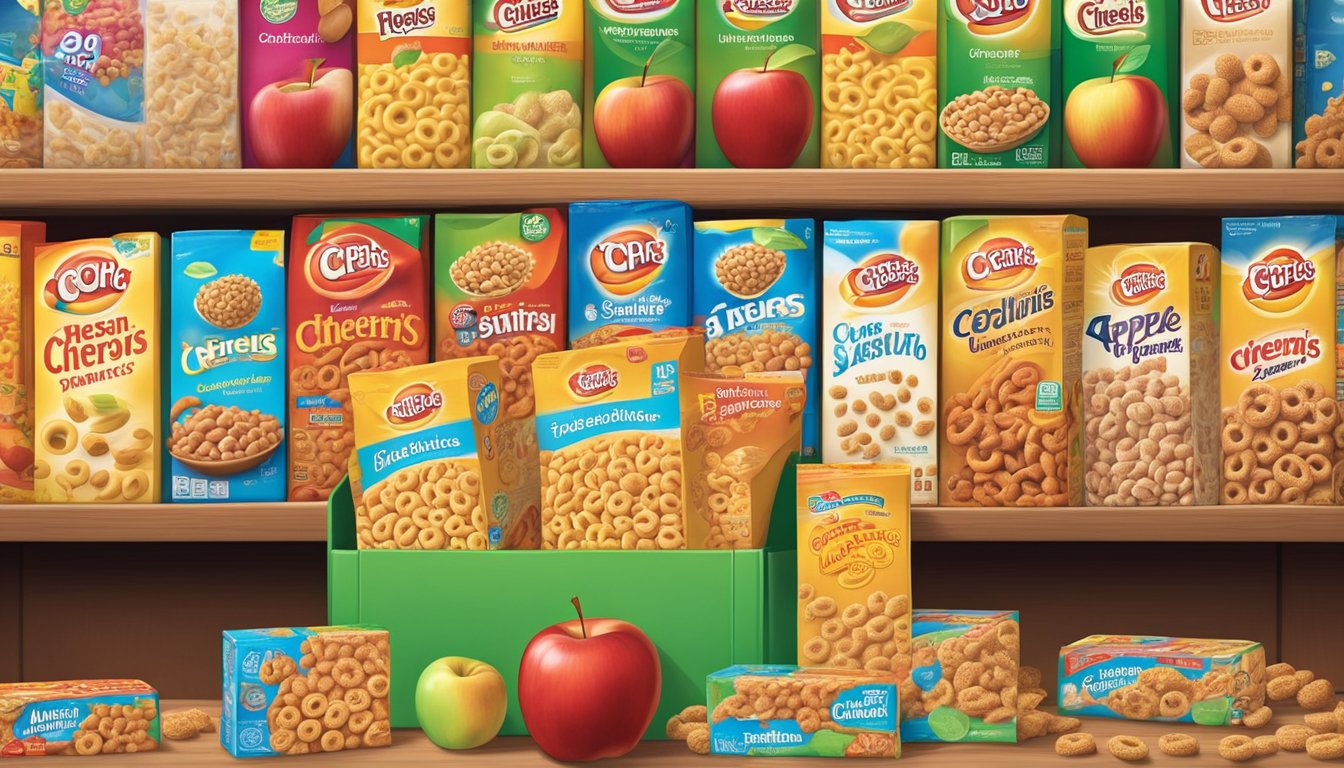 A box of Apple Cinnamon Cheerios sits on a shelf, surrounded by a variety of other cereal boxes. The box is unopened and in good condition, with no signs of damage or tampering