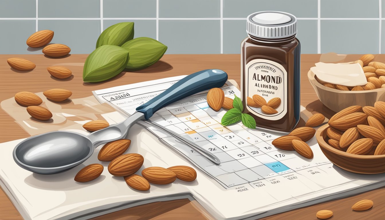 A bottle of almond extract sits on a kitchen counter, surrounded by measuring spoons, almonds, and a calendar showing the date of purchase