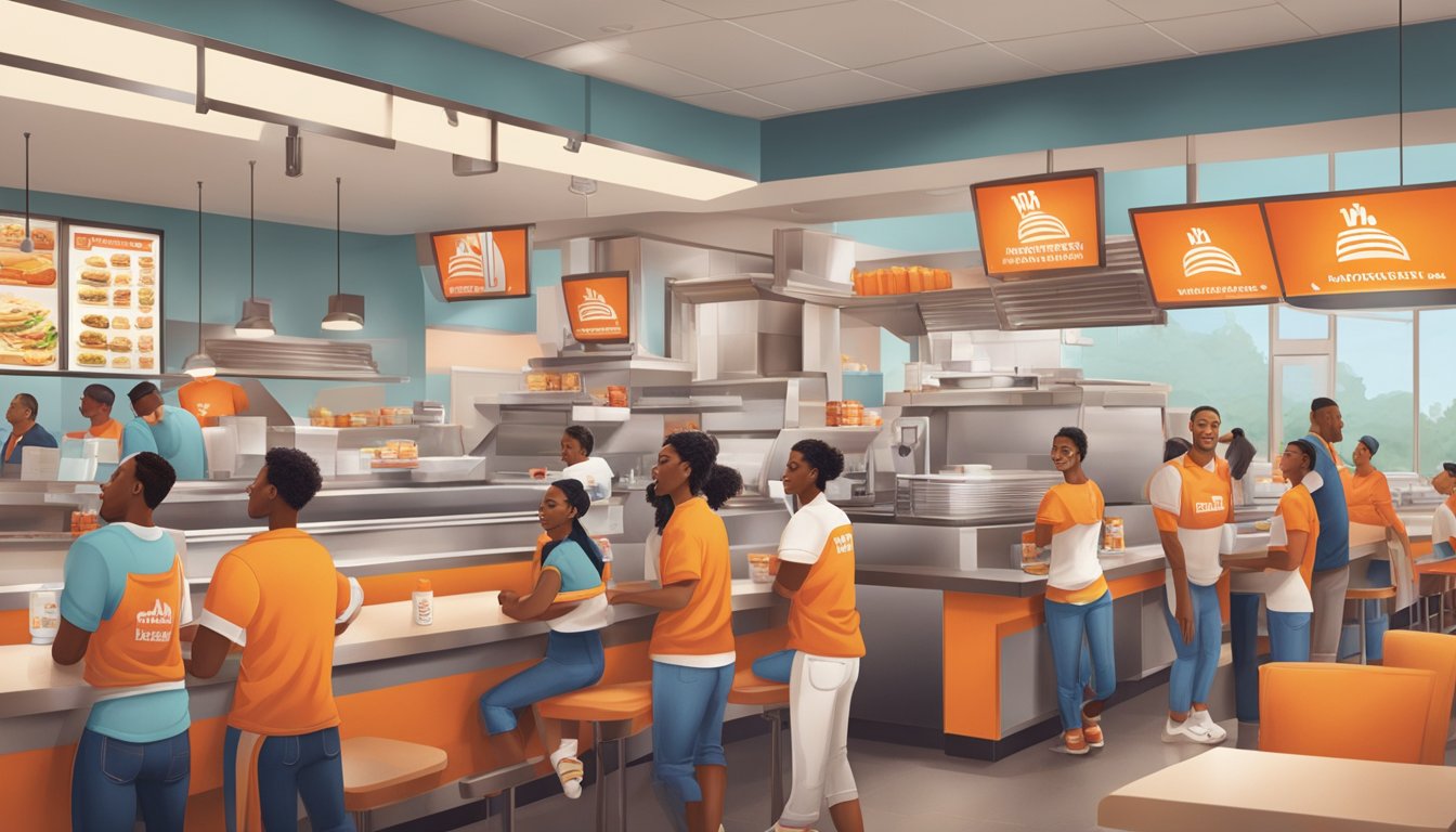 A bustling Whataburger restaurant with customers ordering at the counter and staff preparing food in the kitchen. Tables are filled with people enjoying their meals