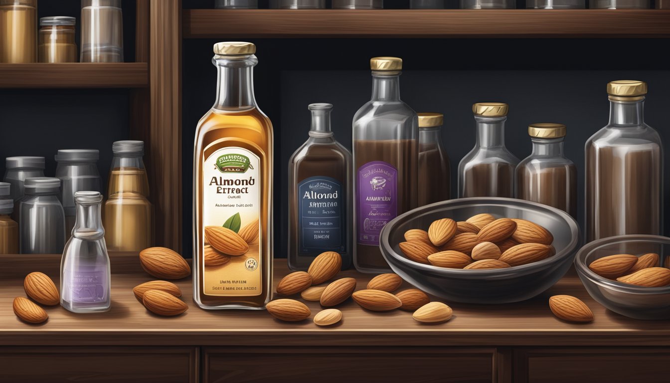 A glass bottle of almond extract stored in a cool, dark pantry