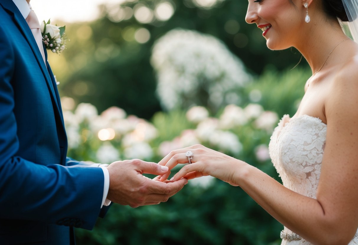 The groom's hand extends, presenting the ring to the bride