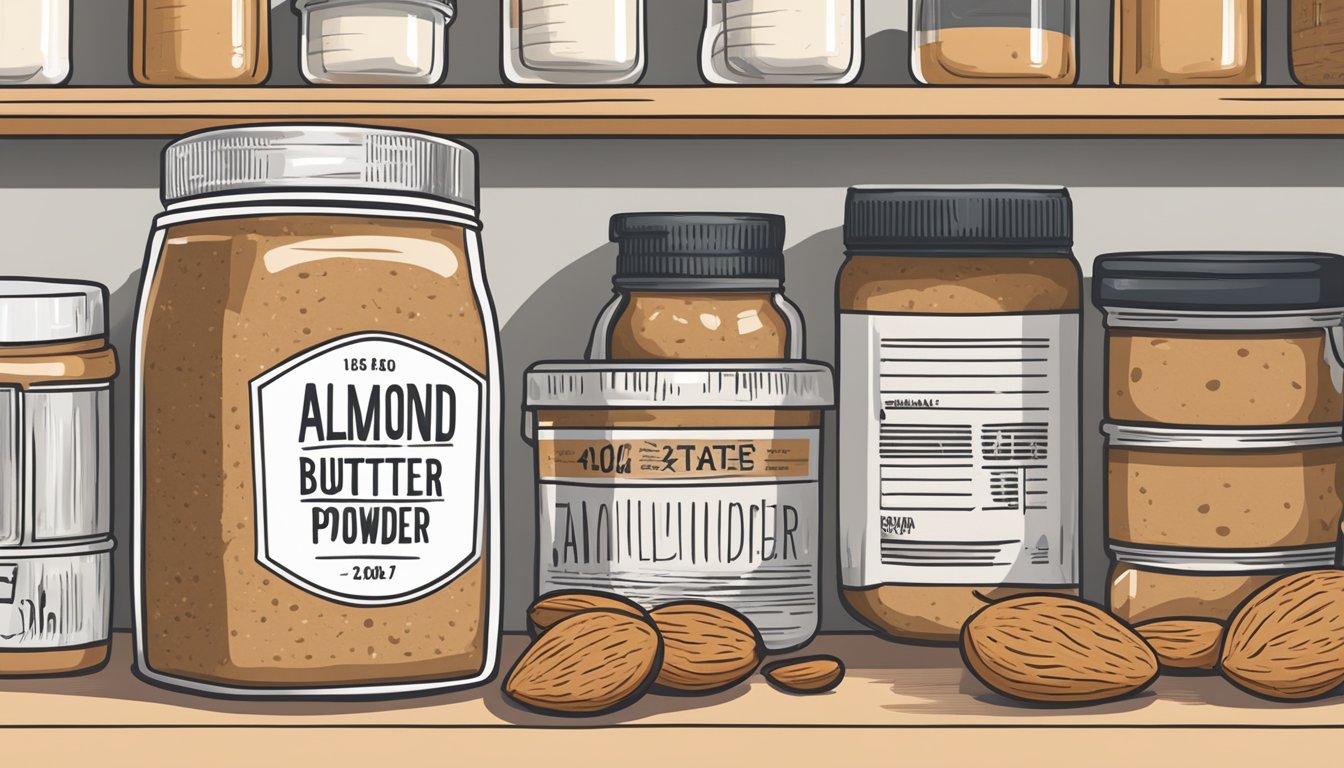 A jar of almond butter powder sits on a kitchen shelf, surrounded by other pantry items. The expiration date on the label is visible