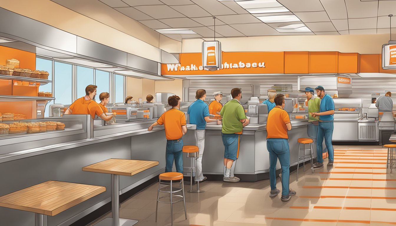 A bustling Whataburger restaurant with a line of customers at the counter and employees working behind the scenes