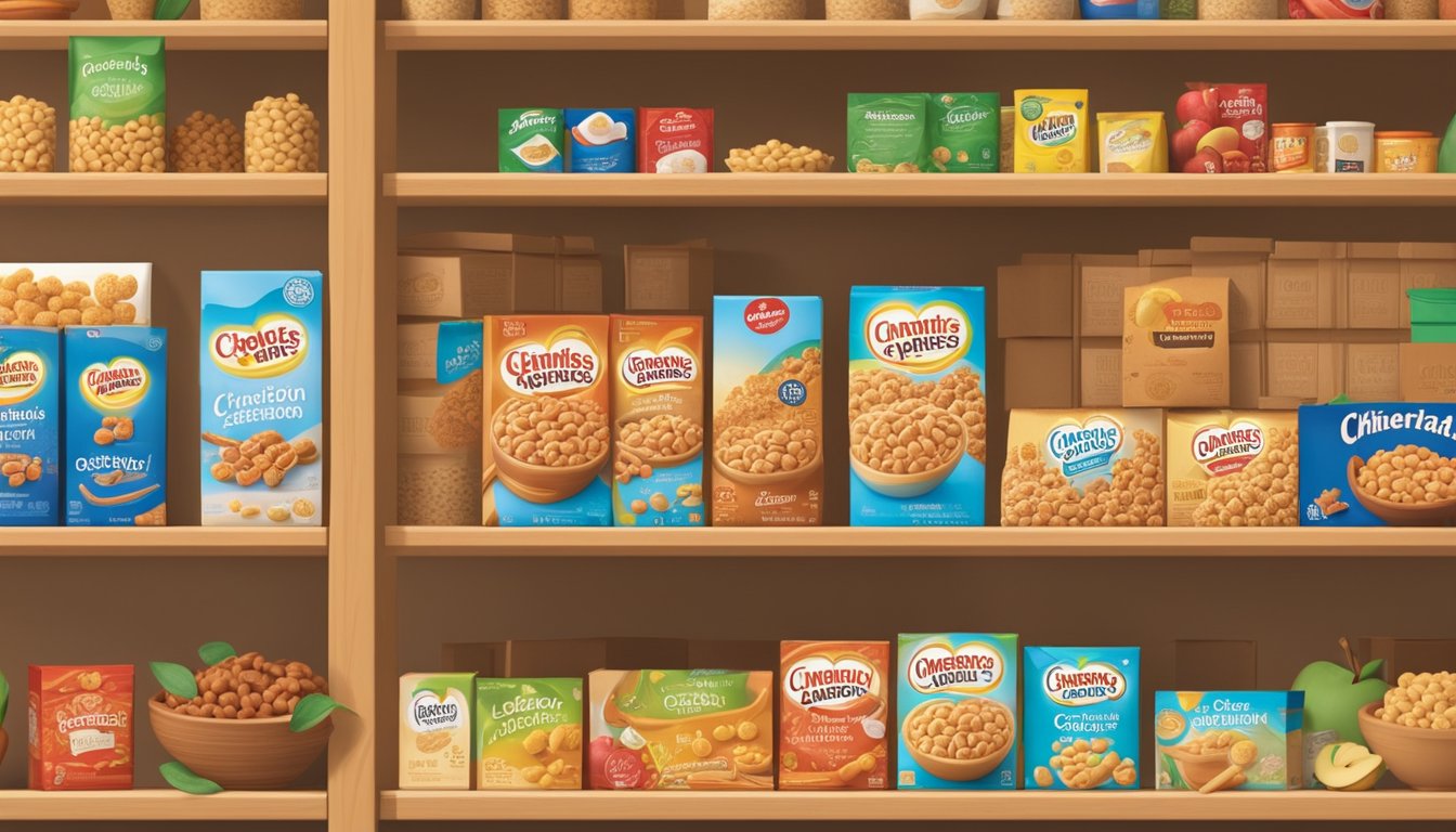 A box of Apple Cinnamon Cheerios sits on a pantry shelf, surrounded by other cereal boxes and food items. The box is unopened and in good condition