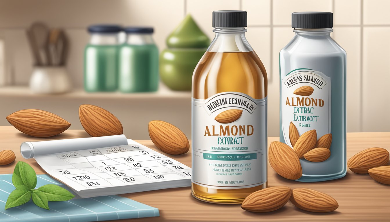 An open bottle of almond extract sits on a kitchen counter next to a calendar. The liquid inside appears clear and free of any discoloration or sediment