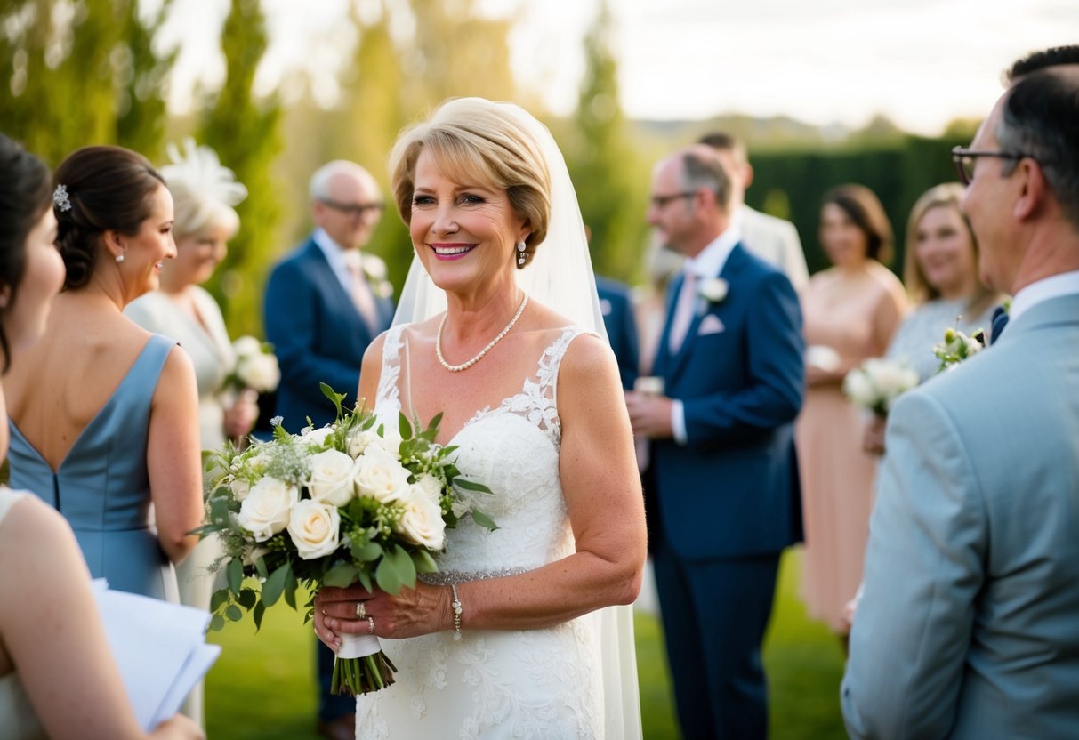The mother of the bride stands gracefully, offering a warm smile as she assists with final preparations and greets guests at the wedding venue