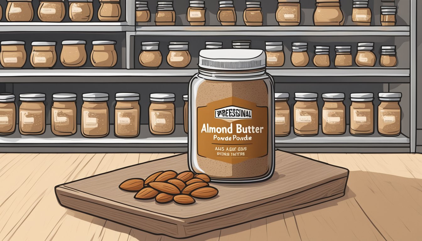 A sealed jar of almond butter powder sits on a pantry shelf, surrounded by other dry goods. The expiration date is clearly visible on the label