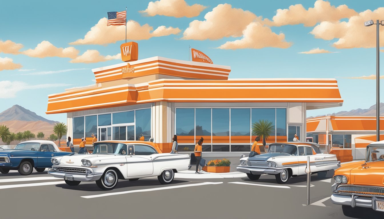 A bustling Whataburger restaurant in Las Vegas, with the iconic orange and white striped building and a drive-thru line of cars