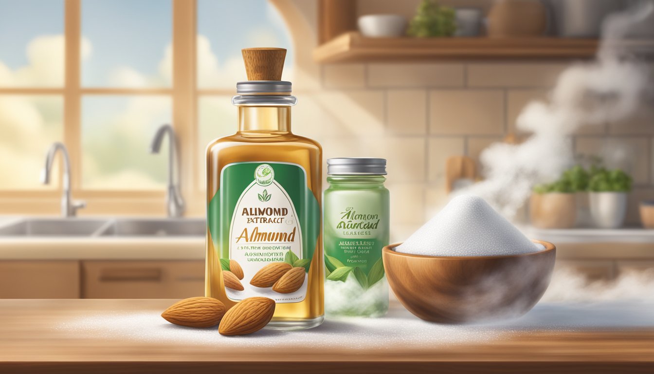 A bottle of almond extract sits open on a kitchen counter, surrounded by a cloud of aromatic vapor