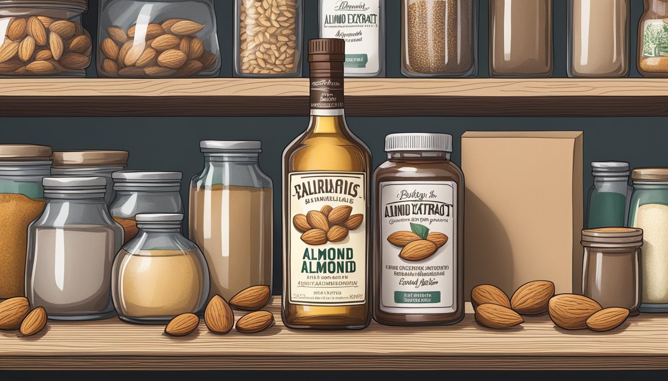 A bottle of almond extract sits on a pantry shelf, surrounded by other baking ingredients. The label on the bottle indicates the expiration date