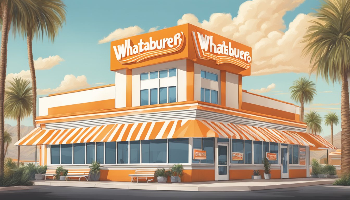 A Whataburger restaurant in Las Vegas, featuring the iconic orange and white striped building with a large sign and palm trees in the background