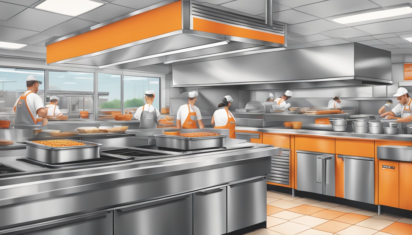 A bustling Whataburger kitchen with employees at work