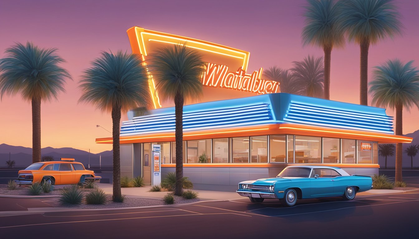 A Whataburger restaurant in Las Vegas, with a drive-thru and outdoor seating, surrounded by palm trees and bright neon lights