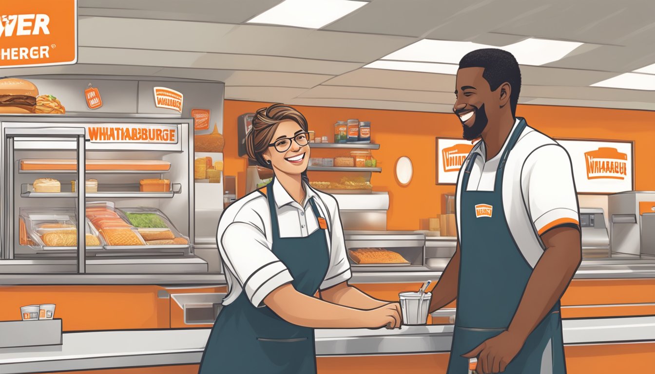 A smiling employee assisting a customer at a clean and organized Whataburger counter