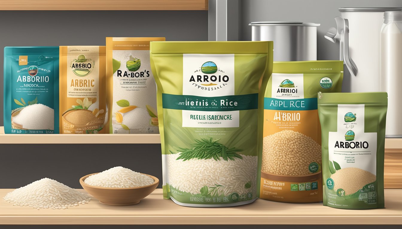 A bag of arborio rice sits on a kitchen shelf, surrounded by other pantry staples. The label indicates the rice's long shelf life