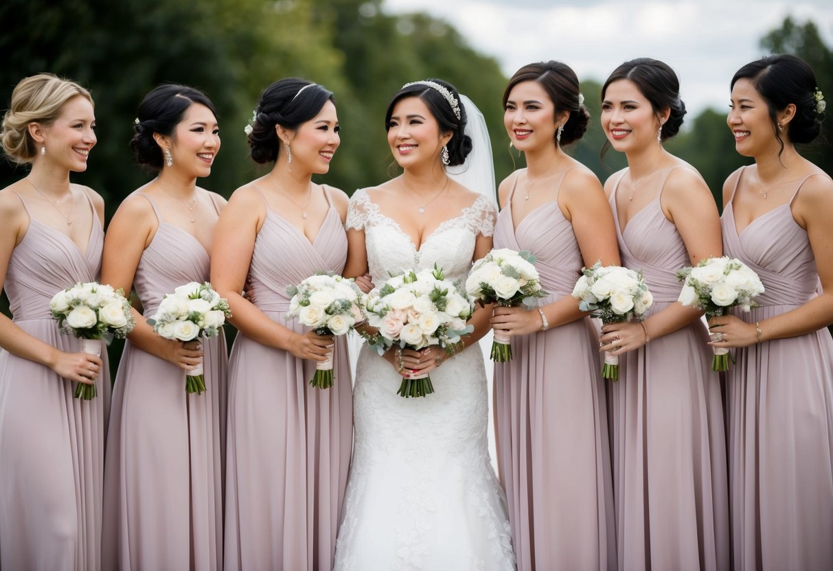 A group of women in matching dresses, standing together with the mother of the bride wearing the same color as the bridesmaids