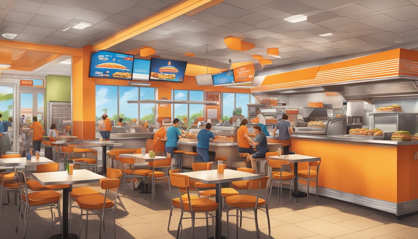 A bustling Whataburger restaurant in Las Vegas, filled with colorful booths and tables, a counter with a menu board, and staff serving up delicious burgers and fries