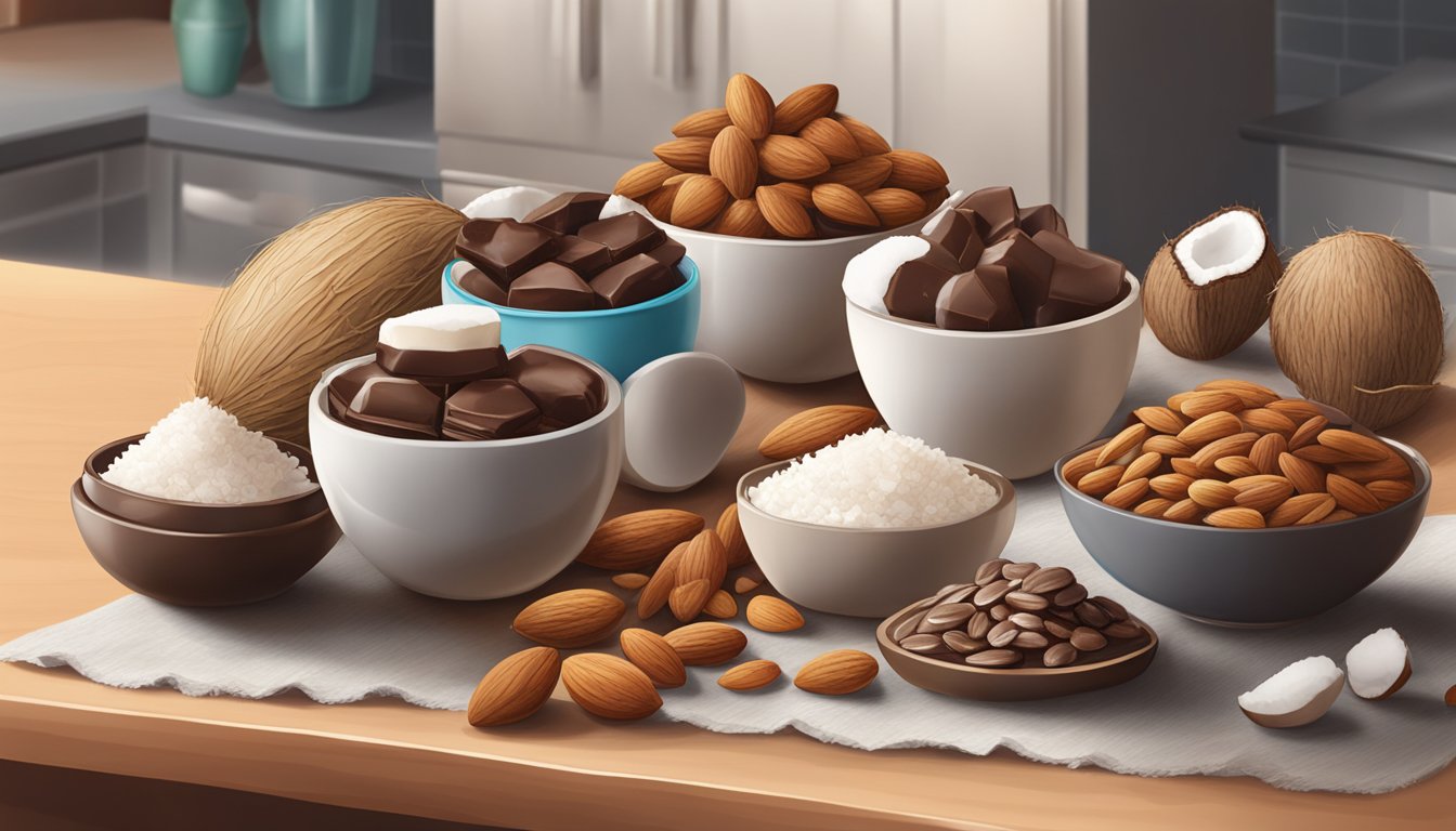 A colorful array of coconut, almonds, and chocolate, arranged on a kitchen counter