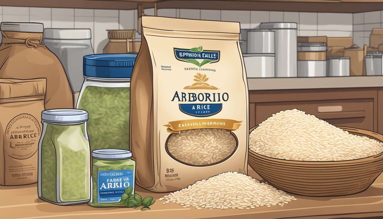 A bag of arborio rice sits on a kitchen shelf, surrounded by other pantry staples. The expiration date is visible on the packaging