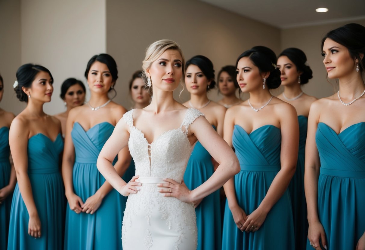A woman in a elegant dress stands among a group of bridesmaids, all wearing the same color. She looks uncertain as she considers her outfit choice