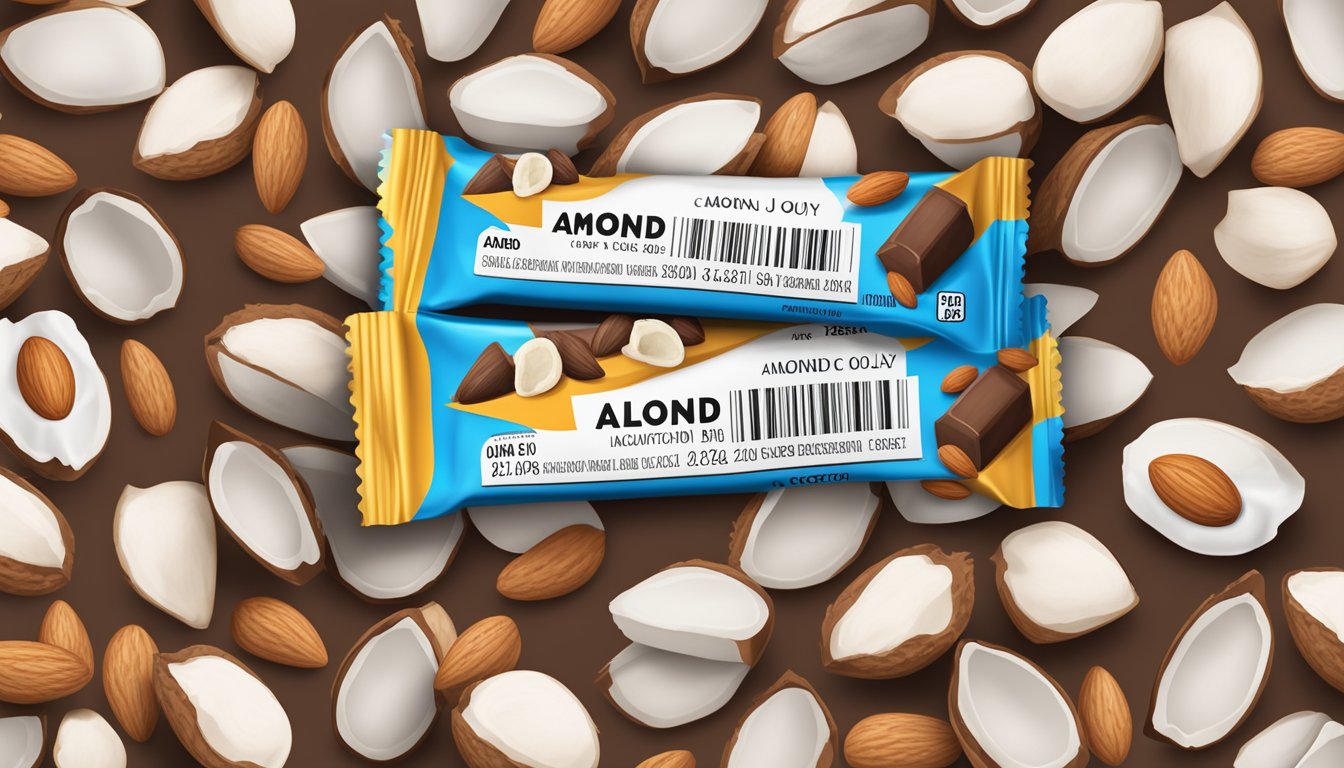 A colorful Almond Joy candy bar surrounded by almonds and coconuts, with a nutrition label and expiration date visible