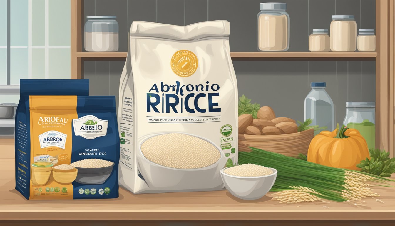 A bag of arborio rice sits on a kitchen shelf, surrounded by other pantry items. The label on the bag indicates the date of purchase