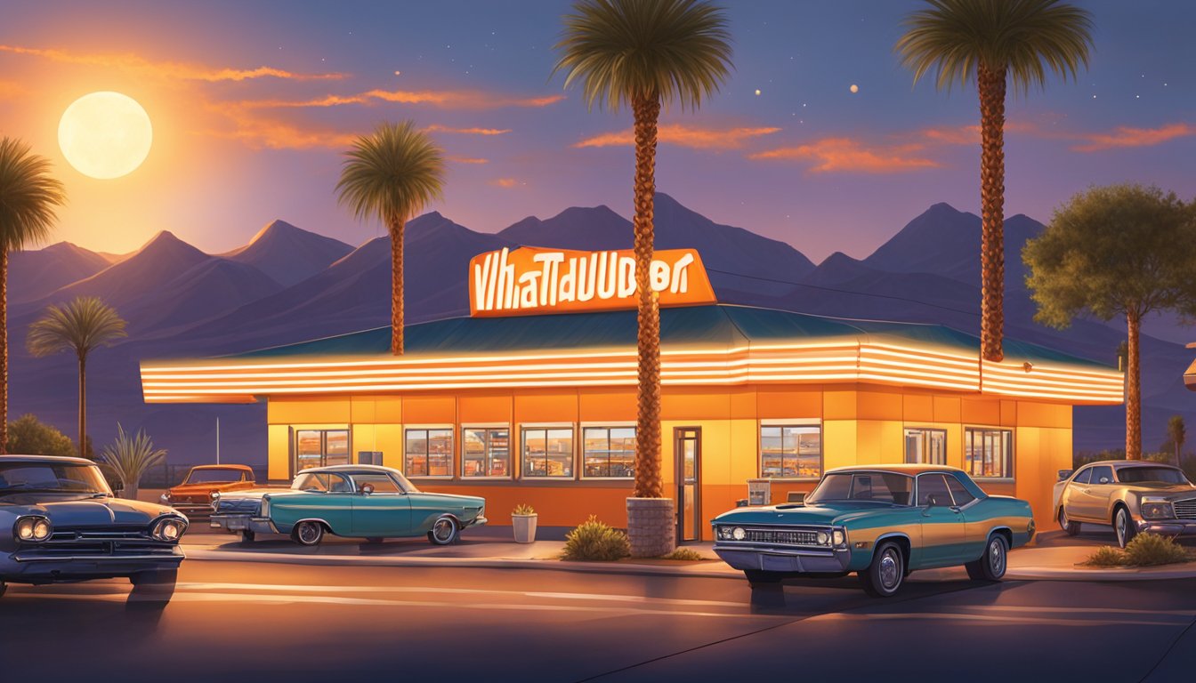 The Whataburger in Las Vegas is brightly lit at night, with cars lining up at the drive-thru and customers dining inside under the warm glow of the restaurant's lights