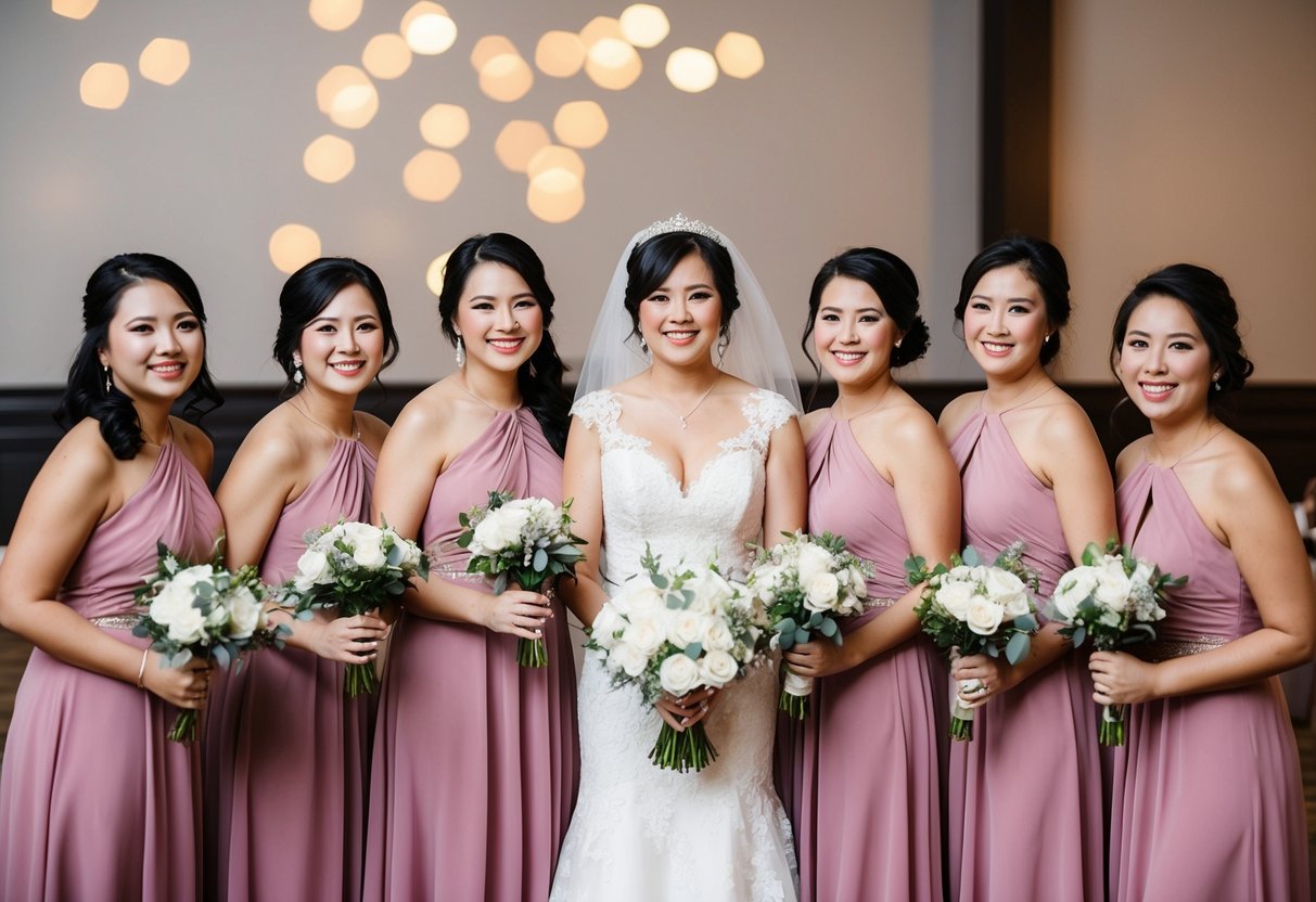 A wedding reception with the mother of the bride wearing a dress in the same color as the bridesmaids, standing together for a group photo