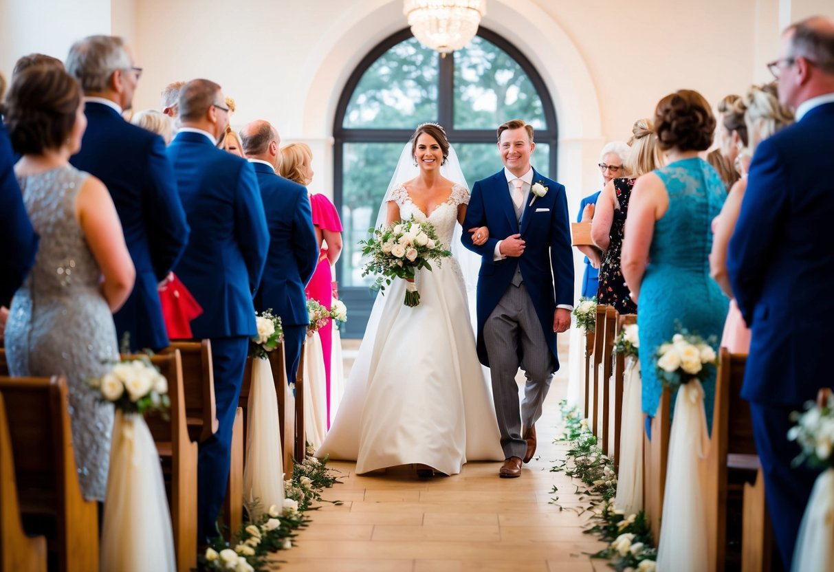 The maid of honor leads the procession, walking gracefully down the aisle