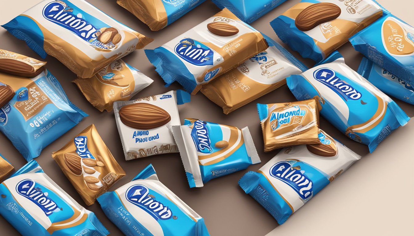 A package of Almond Joy sits on a shelf, surrounded by other candy bars. The wrapper is unopened, and the almonds and coconut peek out from the chocolate coating