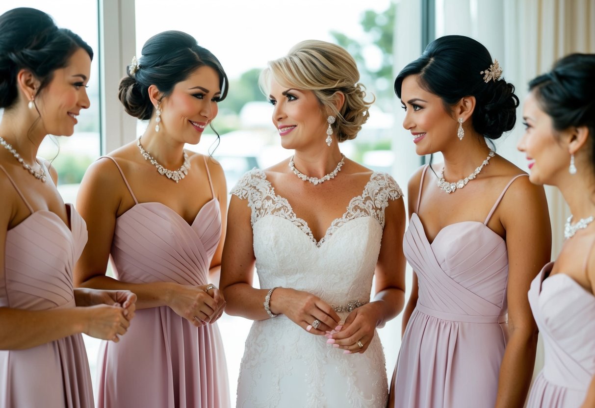 A mother of the bride and bridesmaids in matching dresses, discussing and considering their color preferences for the wedding