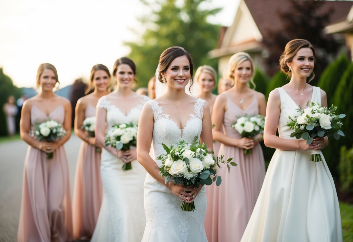 The maid of honor leads the procession, followed by the bridesmaids and then the bride