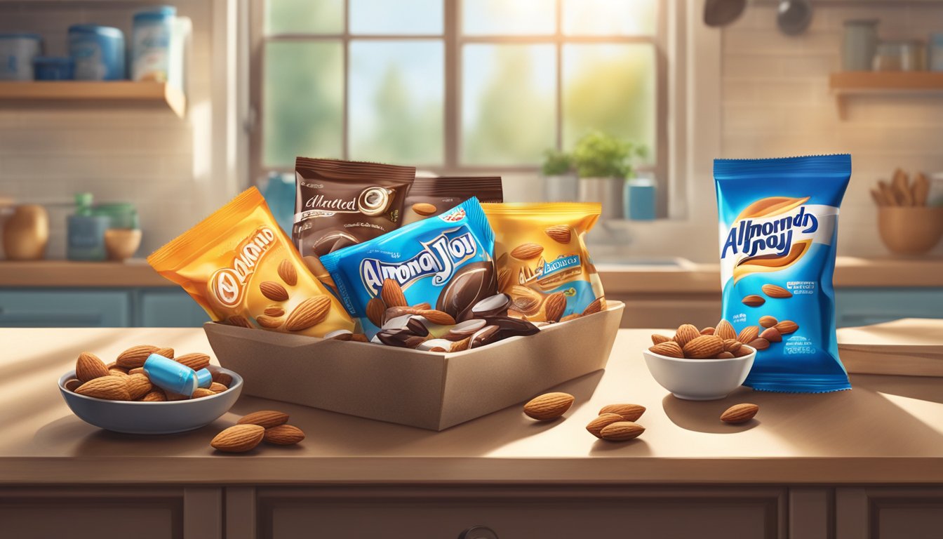 A colorful package of Almond Joy sits on a kitchen shelf, surrounded by other snacks and ingredients. Sunlight streams through the window, casting a warm glow on the scene