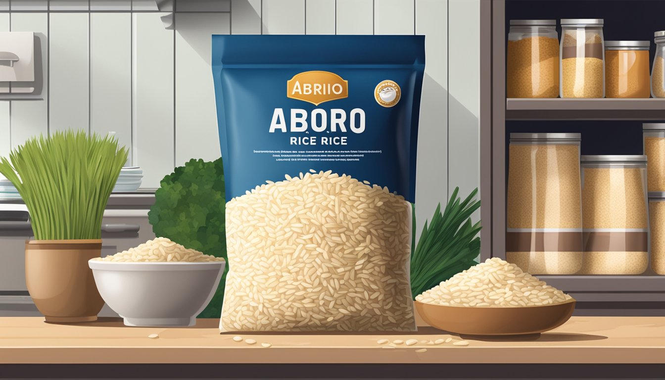 A bag of arborio rice sits on a kitchen shelf, surrounded by other pantry items. The packaging is intact and the rice grains are dry and unspoiled