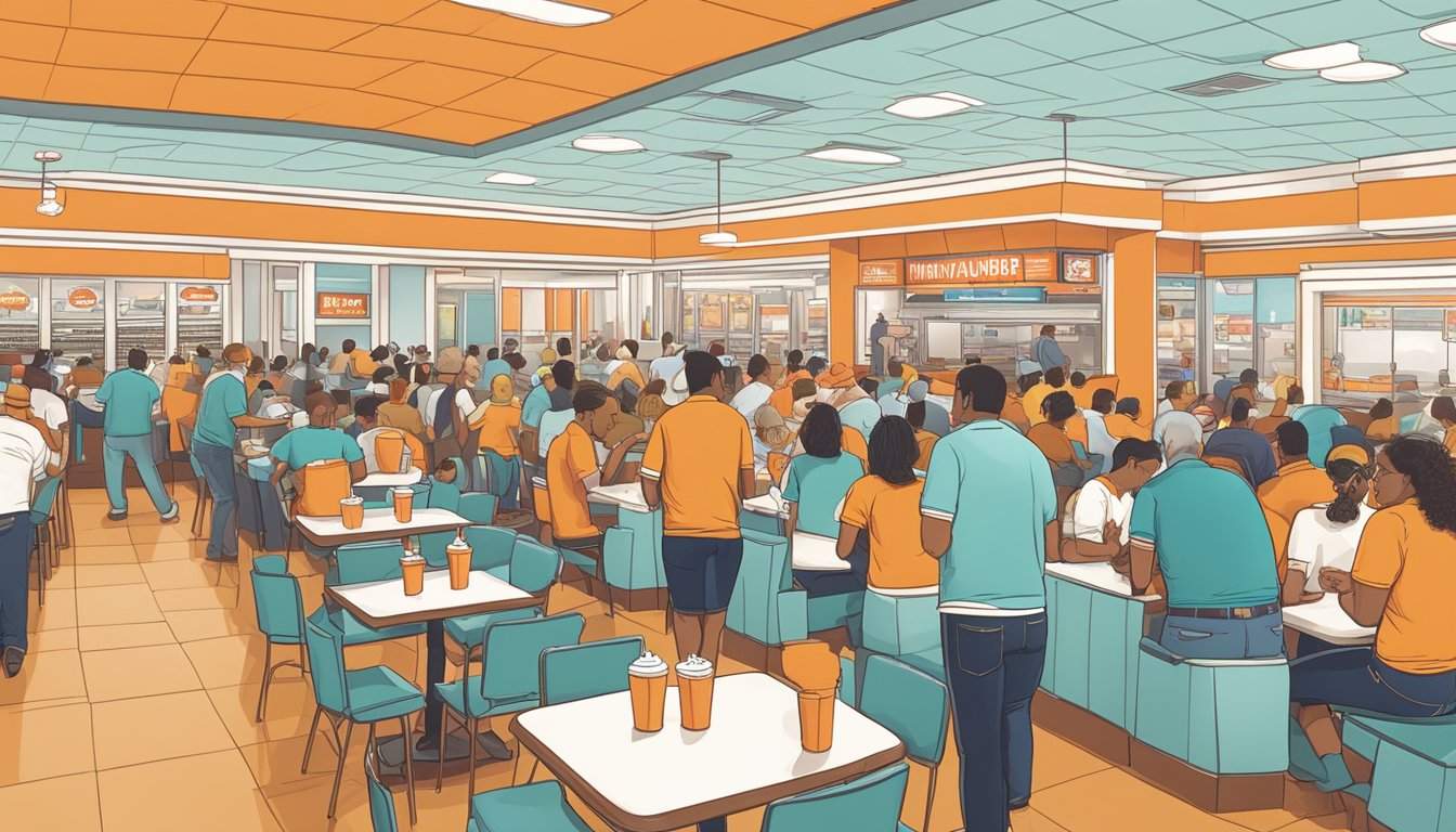 A bustling Whataburger restaurant in Las Vegas, with a line of customers eagerly waiting to redeem their loyalty rewards. Tables are filled with satisfied patrons enjoying their meals