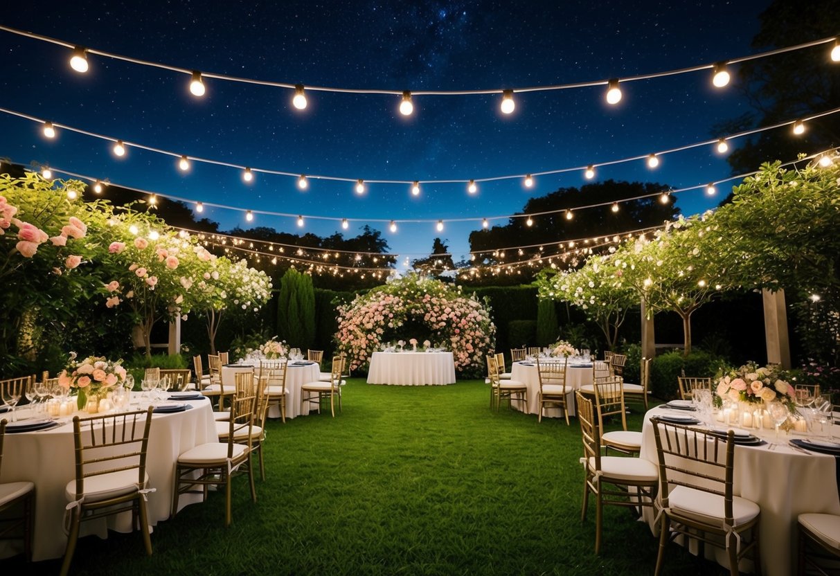 A lush garden with twinkling fairy lights, blooming flowers, and elegant table settings under a starry night sky