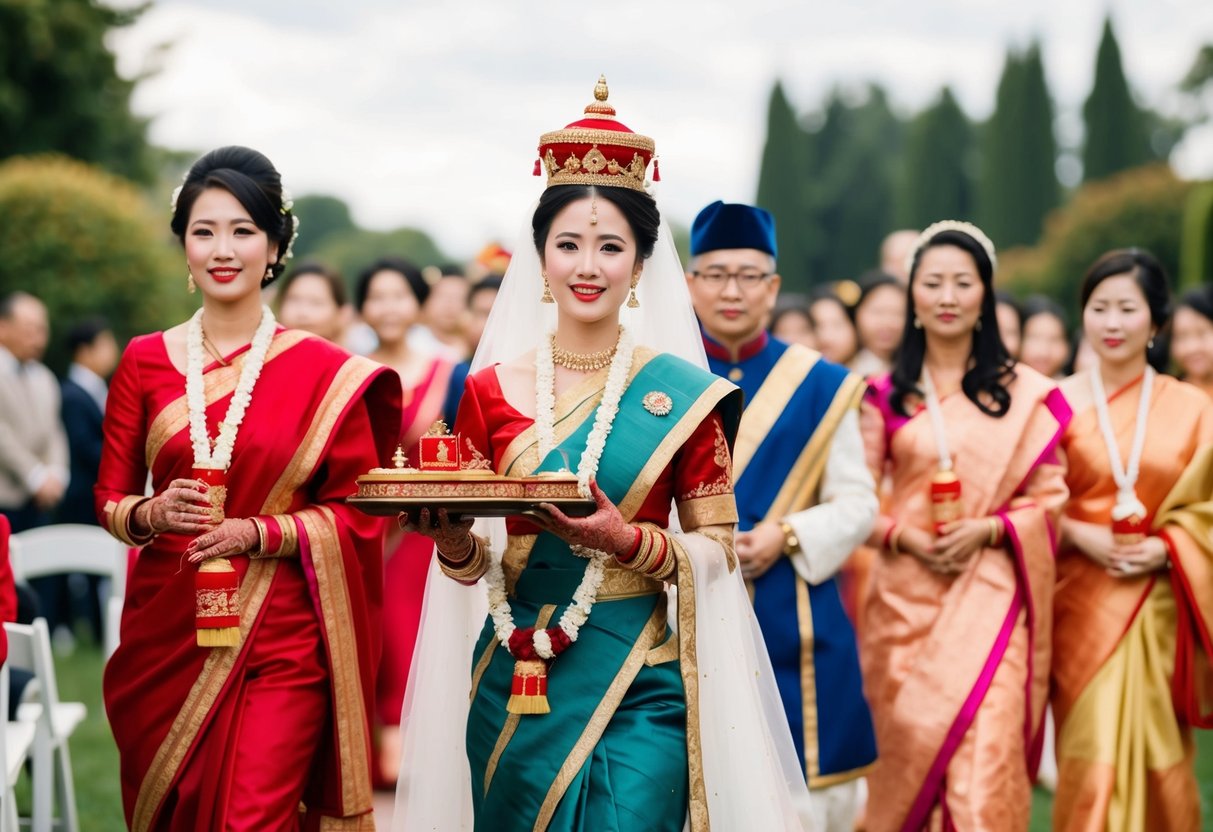 The maid of honor leads the procession, holding a ceremonial item, as other participants follow in traditional attire
