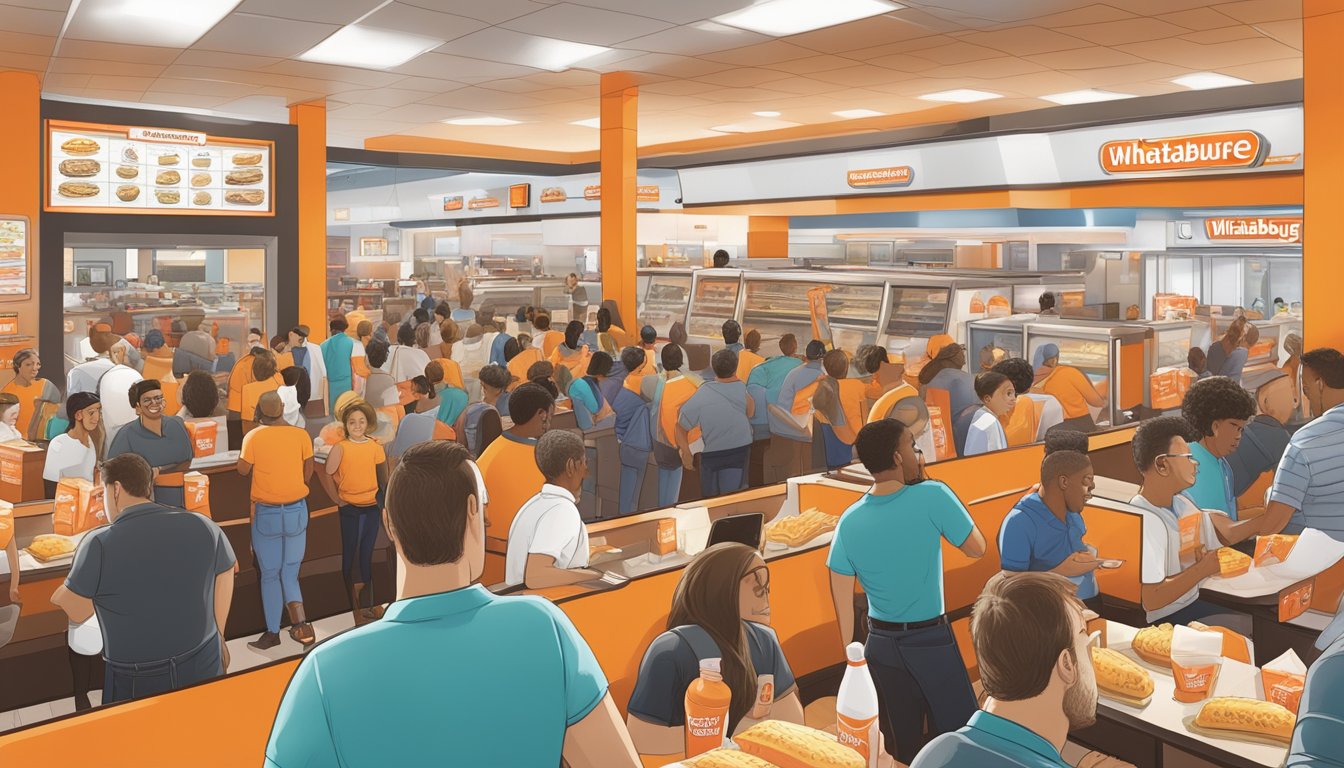 A bustling WhatABurger in Las Vegas, with a line of customers waiting to order and community events flyers displayed on the walls