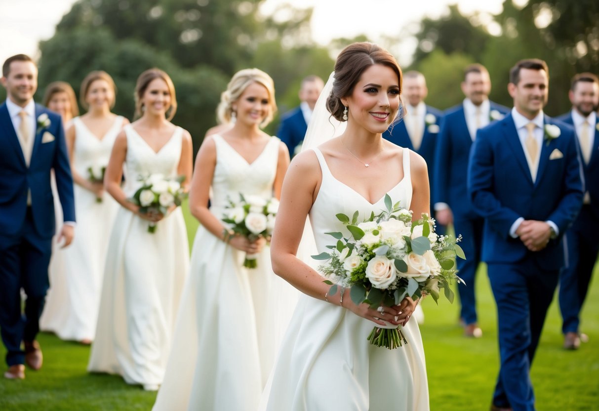 The maid of honor walks ahead, holding a bouquet, as the wedding party follows behind