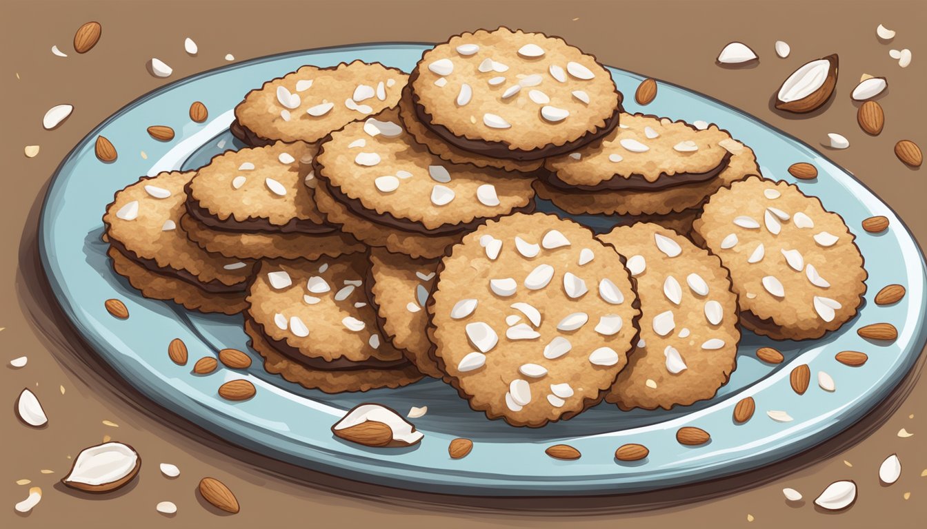 A plate of freshly baked Almond Joy cookies surrounded by scattered almonds and coconut flakes