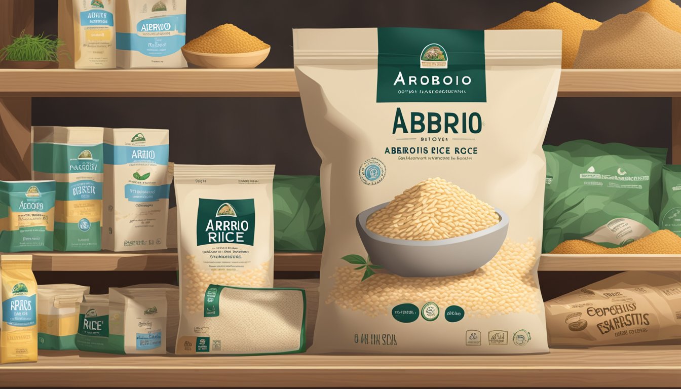 A bag of arborio rice sits on a pantry shelf, surrounded by other dry goods. The expiration date is visible on the packaging