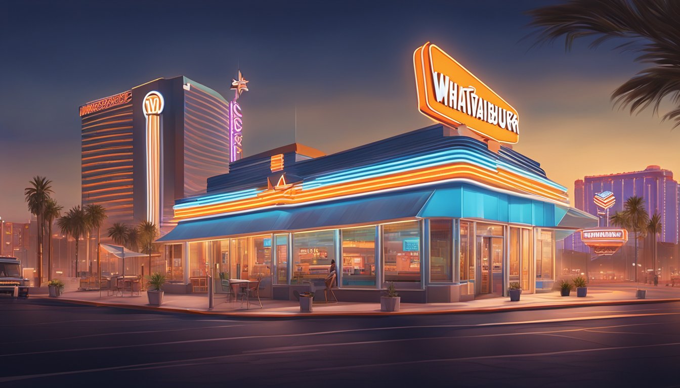 A neon-lit Whataburger restaurant in the heart of Las Vegas, surrounded by bustling streets and towering casino buildings