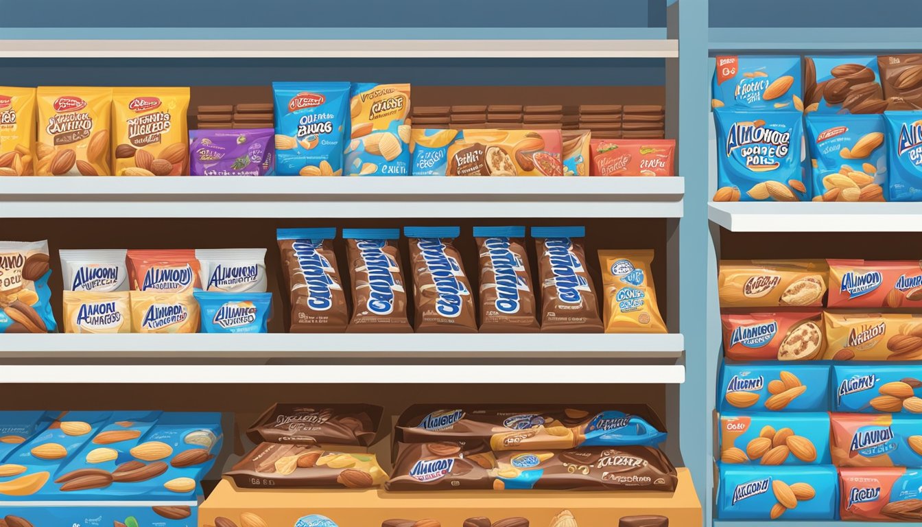 A package of Almond Joy sits on a colorful display shelf in a grocery store, surrounded by other candy bars and snacks