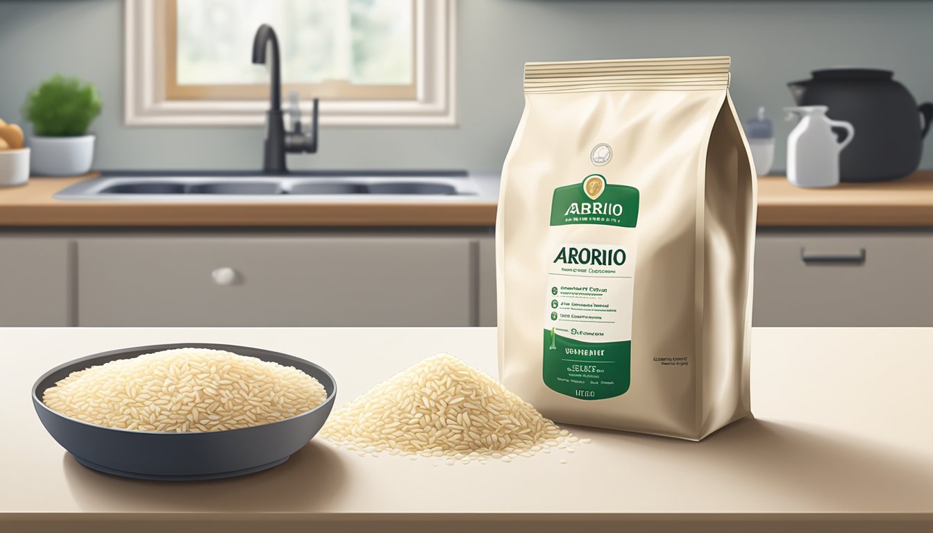 A bag of arborio rice sitting on a clean, well-lit kitchen counter, with a measuring cup and a sealed container for storage nearby