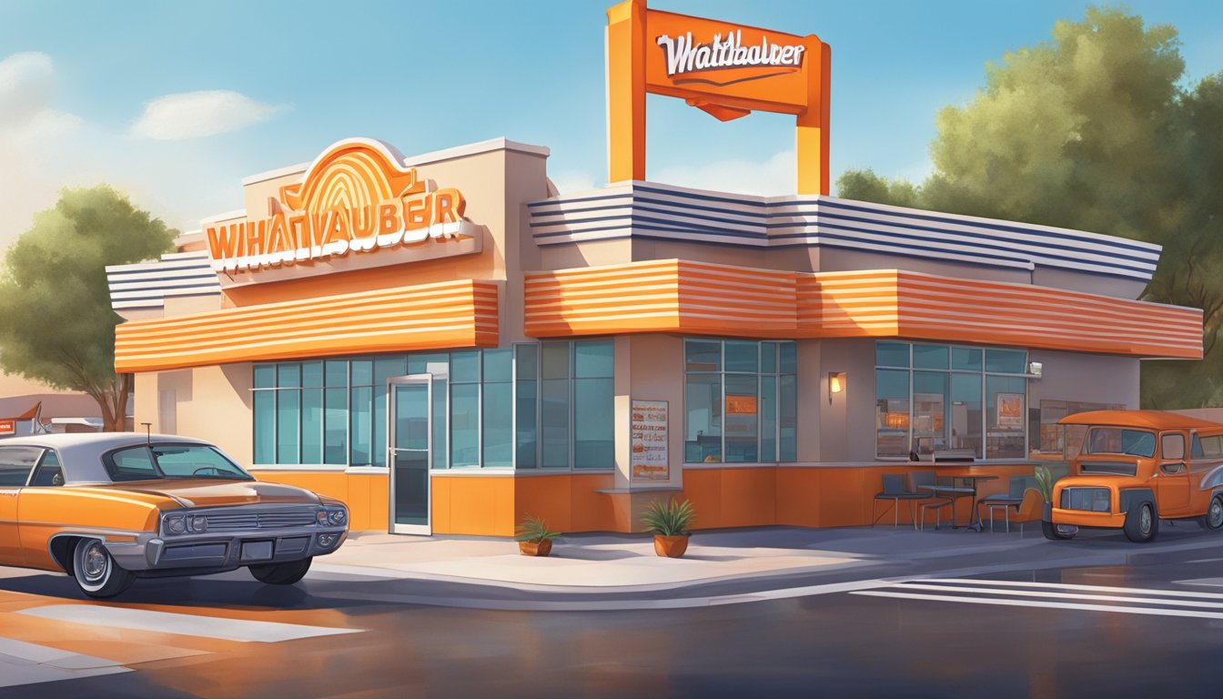 A bustling WhatABurger restaurant in Las Vegas, with a neon sign, drive-thru, and outdoor seating area