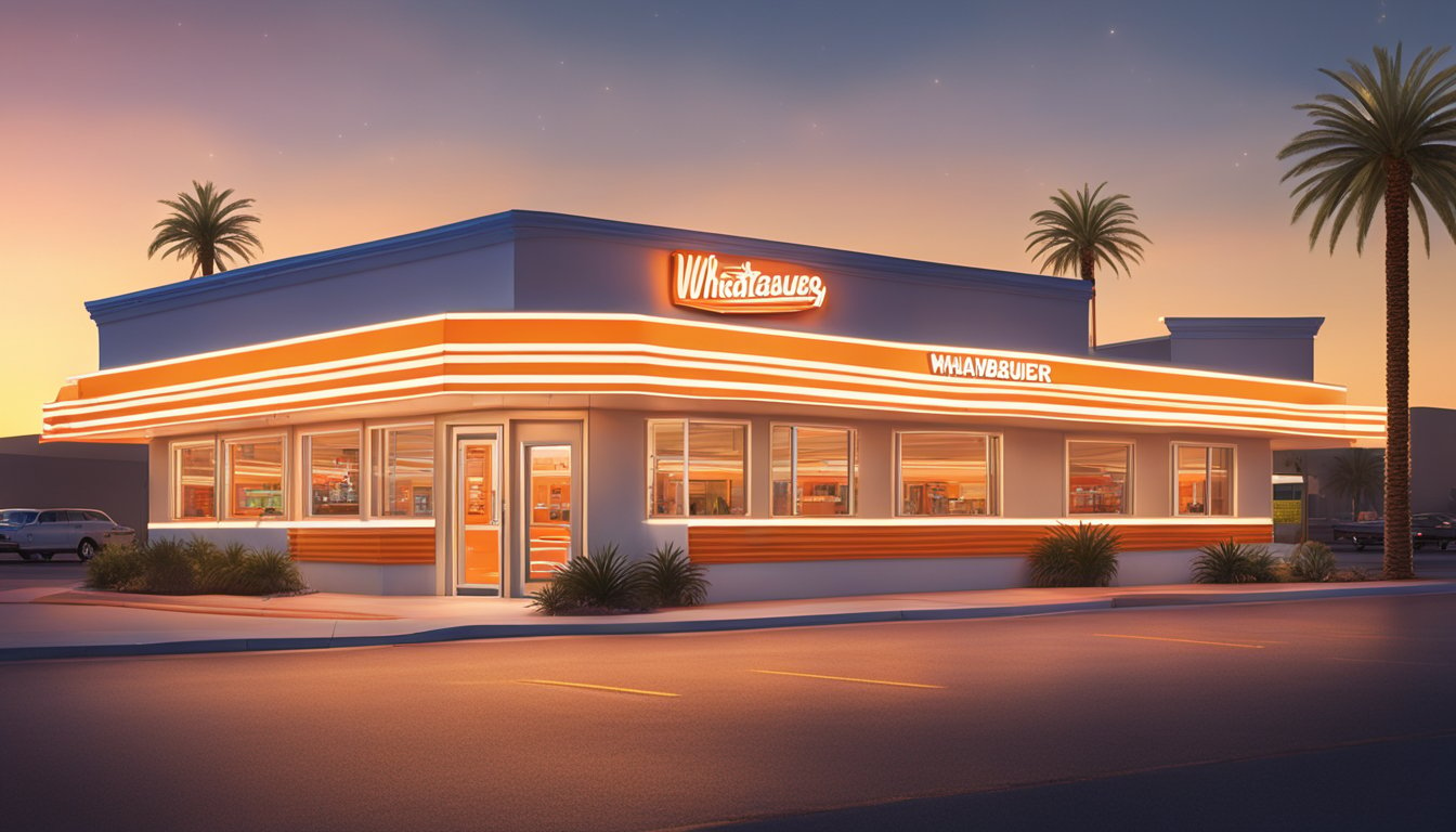 The Whataburger store in Las Vegas, with its iconic orange and white striped building, is surrounded by palm trees and glowing neon signs, indicating its open hours and contact information