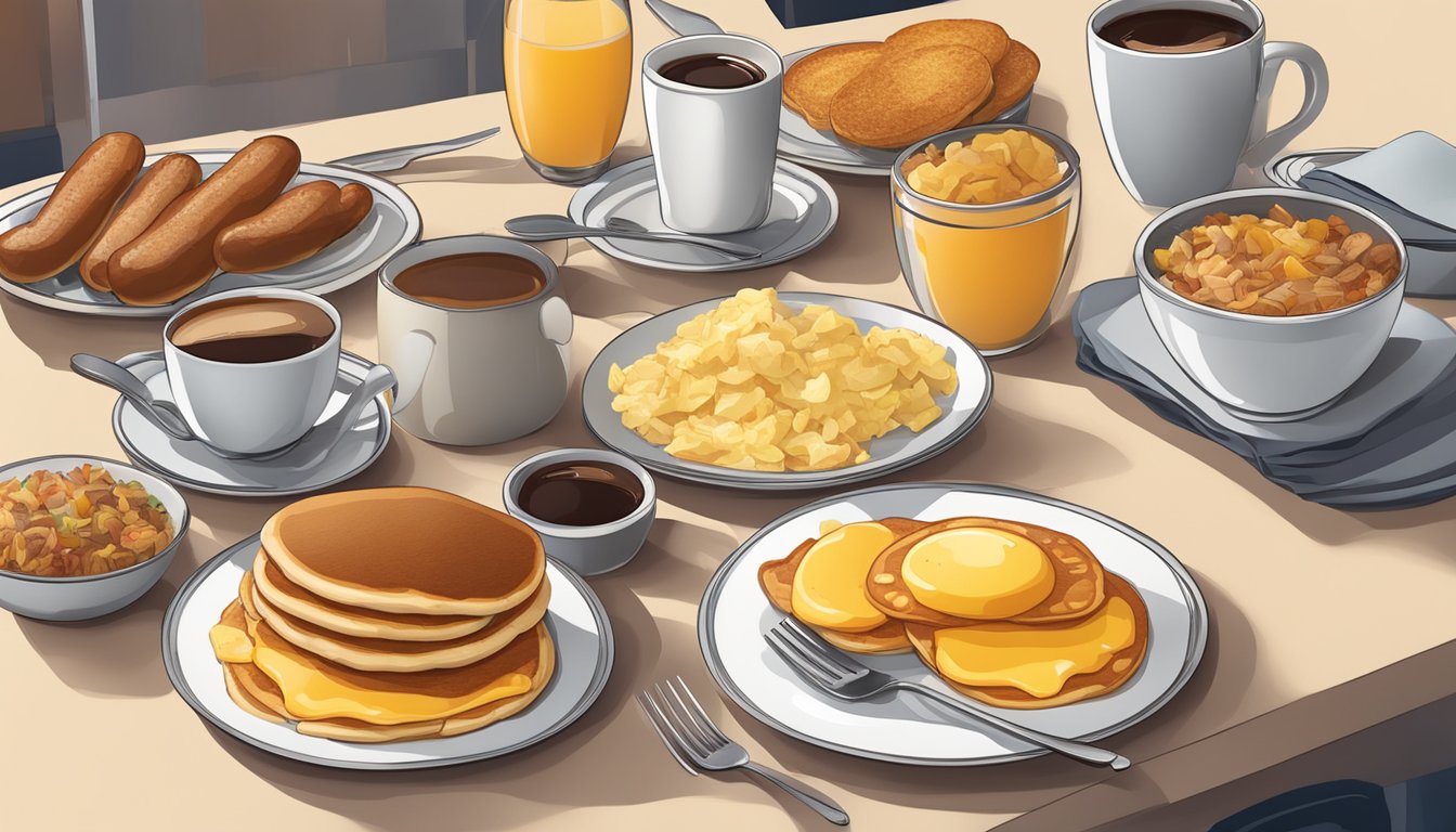 A table set with a variety of breakfast items, including pancakes, eggs, sausage, and hash browns, with a cup of coffee on the side